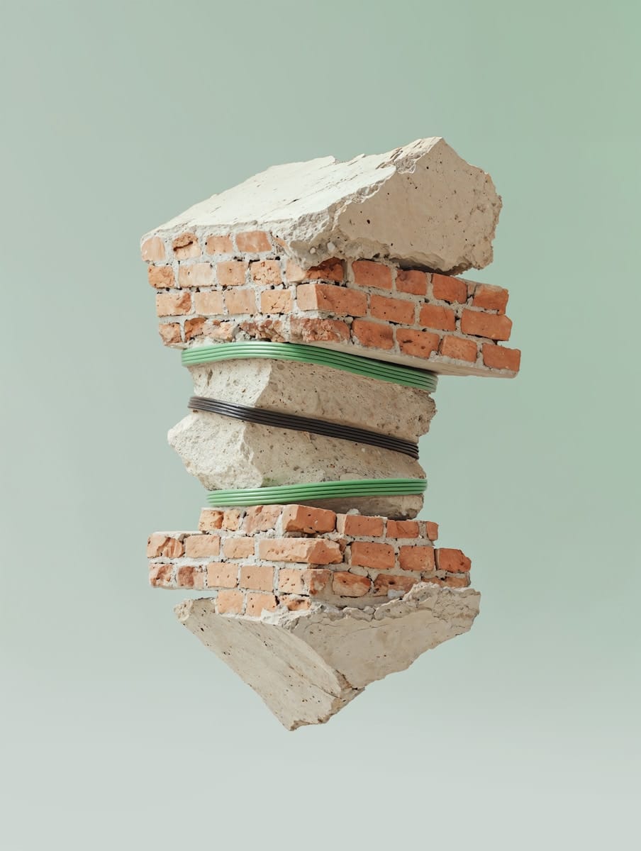 Bricks and concrete held together with bands.