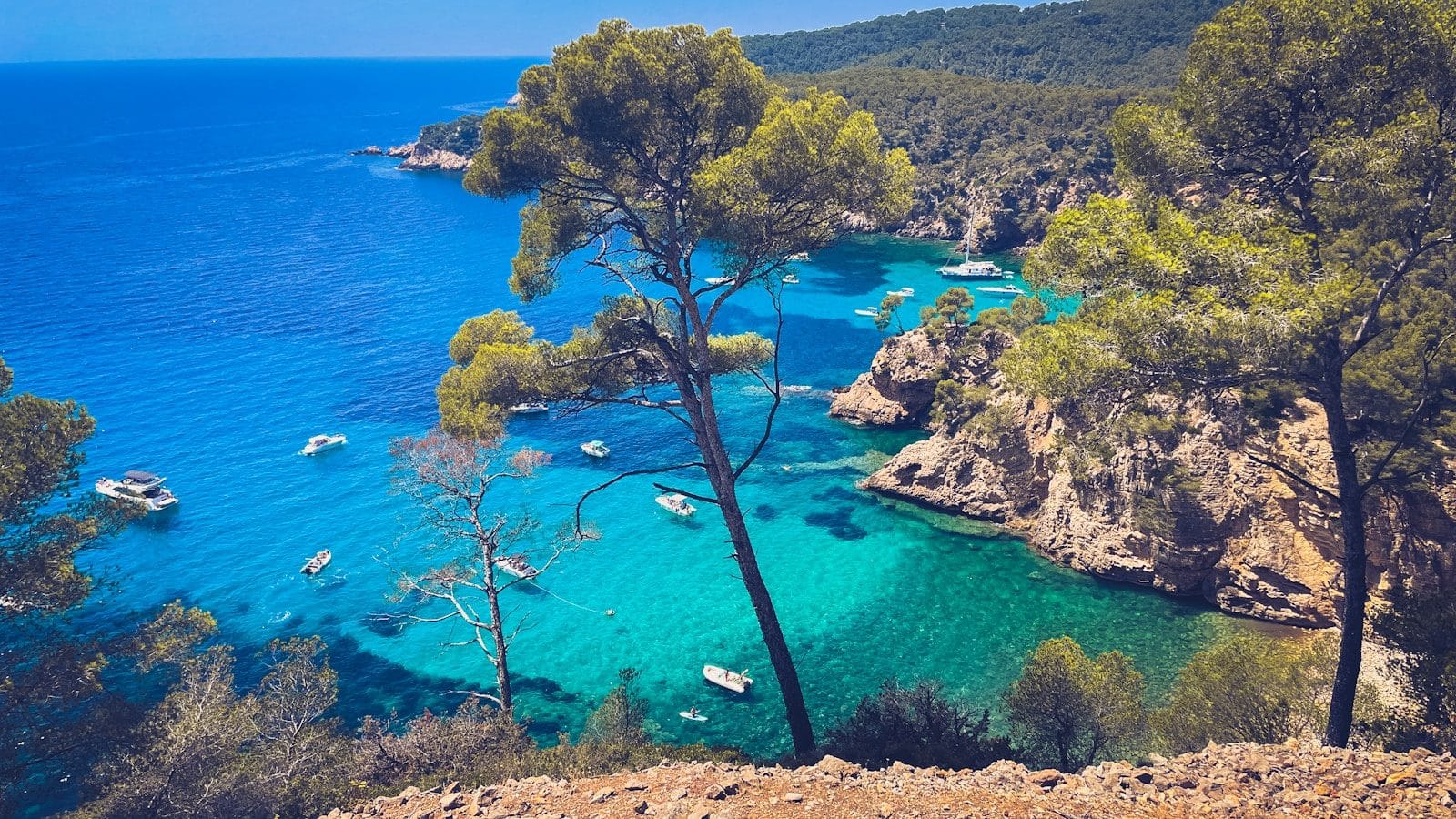 A view of a beach with boats in the water